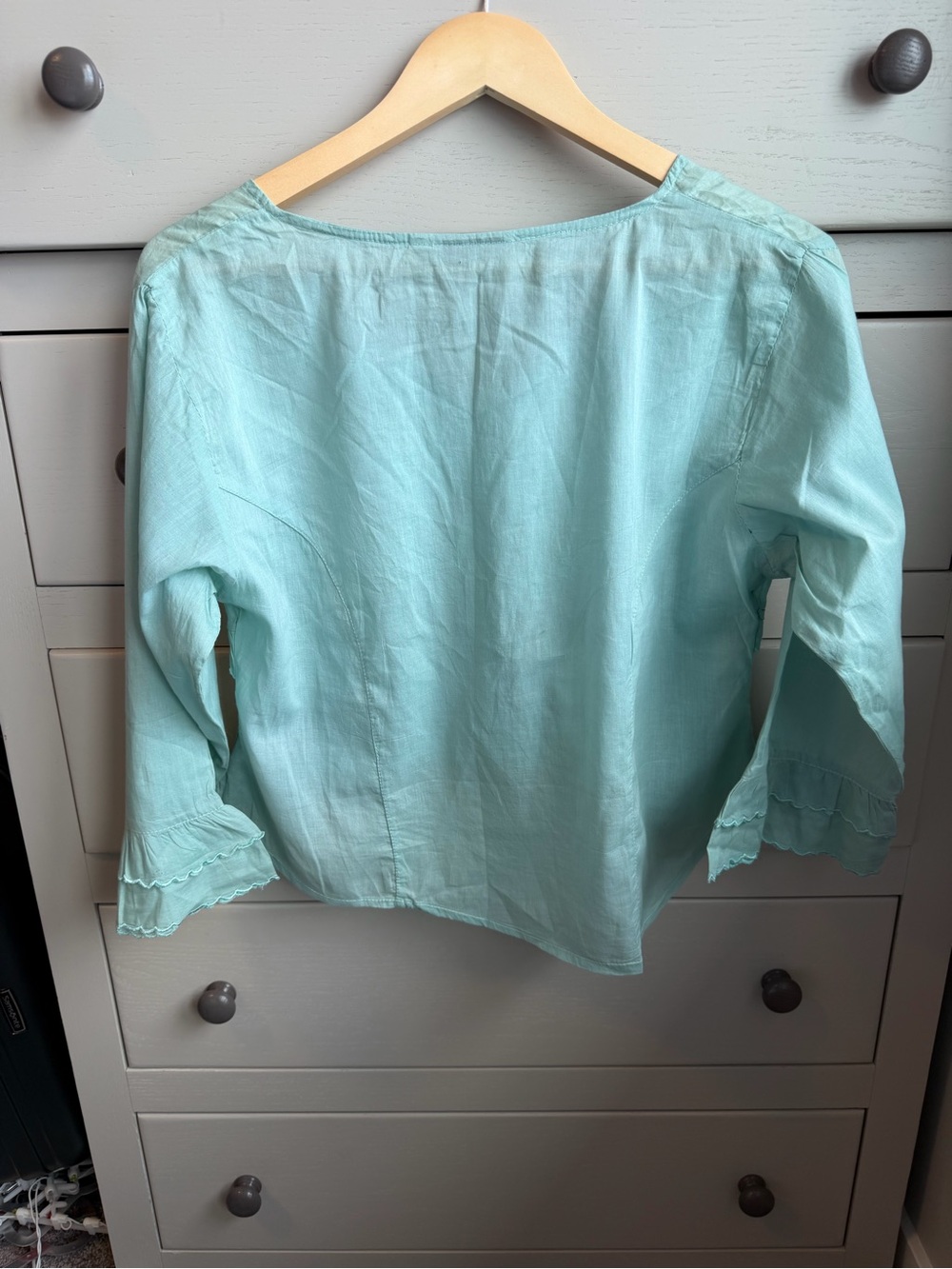 Vintage Papillon Boho Sage Green Button-Front Ruffle Blouse - Picture 5 of 5